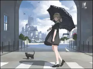 Dziewczyna z kotem i parasolką