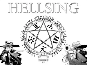 kapelusz, Hellsing, pentagram, ludzie, pistolet
