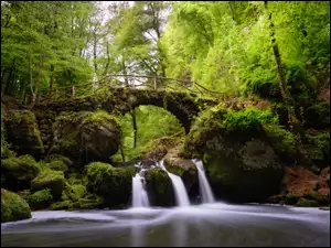 Wodospad Schiessentumpel z mostkiem w lesie