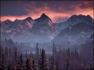 Krajobraz gór i lasu w fabularnej grze akcji Horizon Zero Dawn