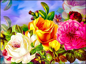 Trzy kolorowe graficzne róże