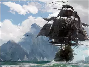 Statek piracki między skałami w grze komputerowej Skull and Bones