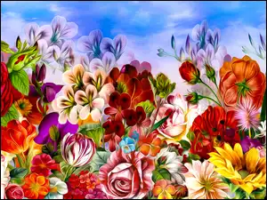 Kolorowe różne kwiaty w grafice 2D