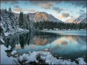Górskie lasy z jeziorem zimą