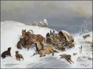 Konie z ludźmi i psami w zimie