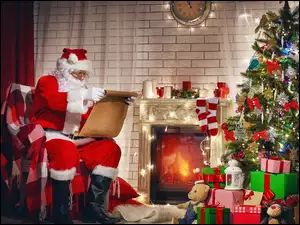 Mikołaj z choinką i prezentami przy kominku