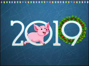 Nowy Rok 2019 z świnką i zielonym wieńcem