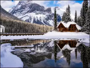 Zimowe góry leśne z jeziorem i domkiem