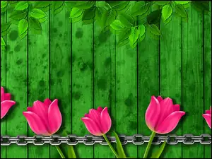 Różowe tulipany w grafice na zielonym tle