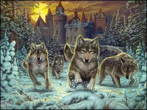 Zamek w lesie z watahą wilków