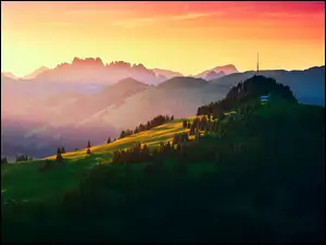 Lasy, Łąki, Szwajcaria, Góry, Gstaad, Wzgórze, Wieża radiowa