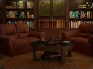 Pokój z fotelami ustawionymi obok regału z książkami