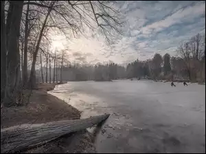 Wędkarze nad zimową rzeką z drzewami