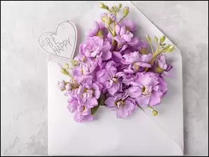 Fioletowe kwiaty z drewnianym serduszkiem