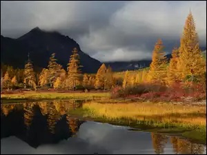 Góry Kołymskie z jeziorem i jesiennymi drzewami