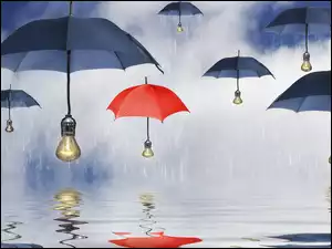 Graficzny deszcz z parasolkami i żarówkami