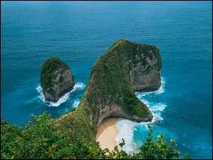 Klif, Plaża Kelingking Beach, Indonezja, Skały, Nusa Penida, Roślinność, Morze