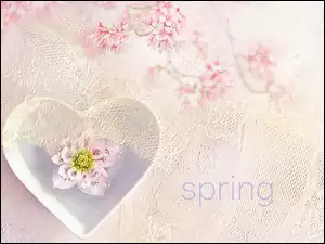 Kwiatek w sercu obok napisu spring