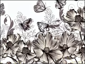 2D, Kwiaty, Motyle, Sepia