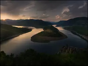 Bułgaria, Rzeka Arda, Meander, Zachód słońca, Zakole, Góry Rodopy