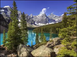 Jezioro Moraine, Las, Kanada, Park Narodowy Banff, Alberta, Góry, Drzewa