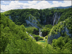 Wodospady, Lasy, Skały, Chorwacja, Park Narodowy Jezior Plitwickich, Krzewy, Drzewa