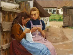 Dwie dziewczyny na wiejskim podwórku w malarstwie