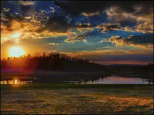 Lake Sierra Blanca, Zachód słońca, Stany Zjednoczone, Jezioro, Stan Arizona, Chmury, Drzewa