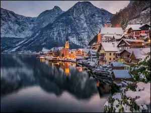 Hallstatt, Austria, Alpy, Zima, Góry, Jezioro Hallstattersee