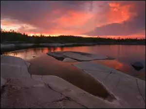 Skały, Rosja, Jezioro Ładoga, Zachód słońca, Karelia
