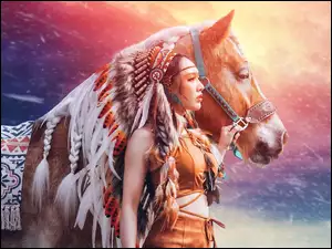 Koń, Dziewczyna, Pióropusz, Indianka