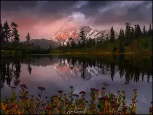 Jezioro Picture Lake, Góry, Chmury, Stany Zjednoczone, Drzewa, Stan Waszyngton