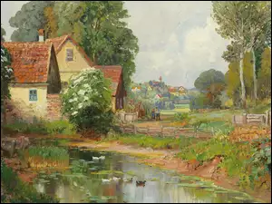 Kaczki na stawie koło domów w wiosce na obrazie Alois Arnegger