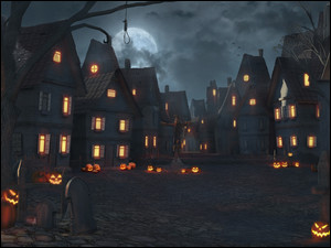 Oświetlone dynie i okna domów na uliczce z szubienicą w grafice na Halloween