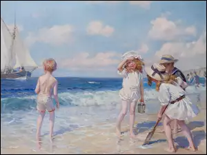 Dzieci na morskiej plaży na obrazie Daniel Hernandez Morillo
