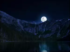 Księżyc, Jezioro, Niebo, Noc, Gwiazdy, Odbicie, Góry