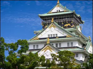 Japonia, Błękitne, Niebo, Drzewa, Osaka-jo, Zamek Osaka, Wieża główna, Brokatowy zamek, Tenshu, Osaka