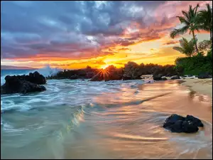 Morze, Hawaje, Palmy, Wschód słońca, Fale, Plaża