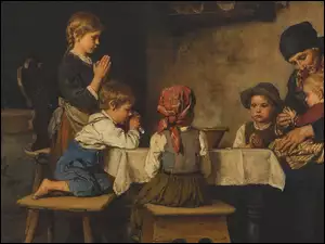 Modląca się przy stole rodzina na obrazie Franz von Defregger