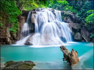 Kamienie, Mech, Krzewy, Las, Huay Mae Khamin Waterfall, Rośliny, Rzeka, Wodospad, Drzewa, Skały, Tajlandia