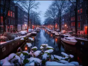 Śnieg, Zima, Domy, Holandia, Kanał, Amsterdam