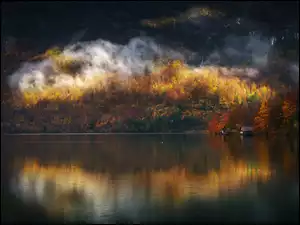 Drzewa, Jesień, Dom, Jezioro, Mgła