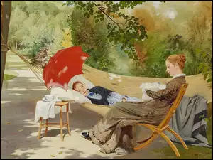Kobieta na hamaku i z dzieckiem na obrazie Carl Fröschl