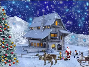 Świąteczna grafika z Mikołajem, choinką i oświetlonym domem