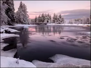 Ośnieżone, Drzewa, Finlandia, Zima, Oulu, Rzeka Oulujoki, Most