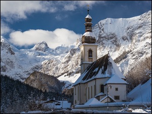 Zima, Bawaria, Drzewa, Ośnieżone, Góry Alpy, Park Narodowy Berchtesgaden, Ramsau bei Berchtesgaden, Niemcy, Kościół św. Sebastiana