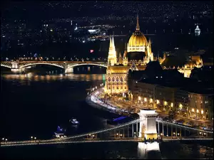 Rzeka Dunaj, Most, Miasto nocą, Noc, Węgry, Budapeszt, Parlament