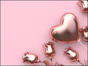 Róże i balon w kształcie serca na różowym tle
