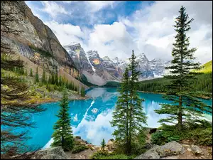 Prowincja Alberta, Park Narodowy Banff, Góry, Kanada, Drzewa, Las, Jezioro Moraine