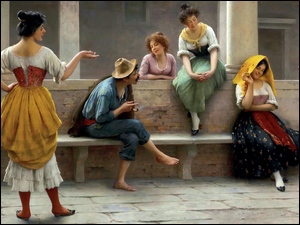 Kobiety i mężczyzna na reprodukcji obrazu austriackiego malarza Eugene de Blaas